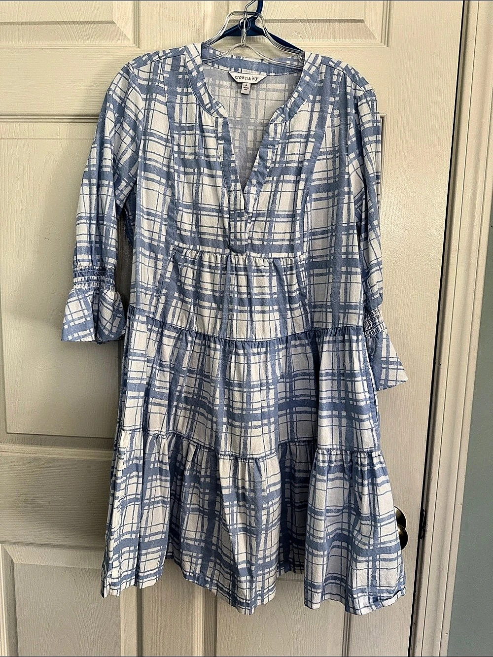 Crown & Ivy Blue Plaid Tiered Dress Size Small Like New